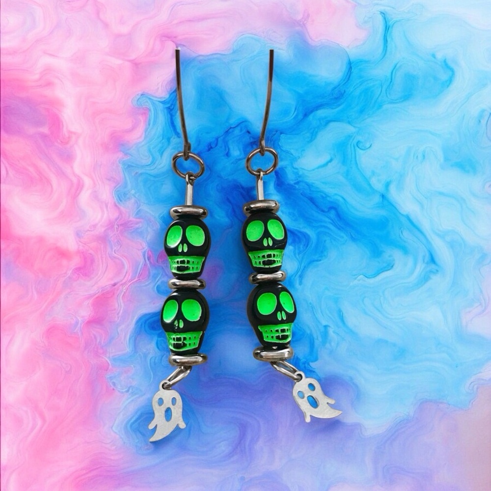 🆕 Skull and Ghost Dangle Earrings Resin/Stainless Steel